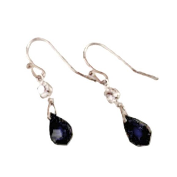 Crystal & Black Faceted Bead Silver Earrings 1.5" x.25" - Picture 2 of 3